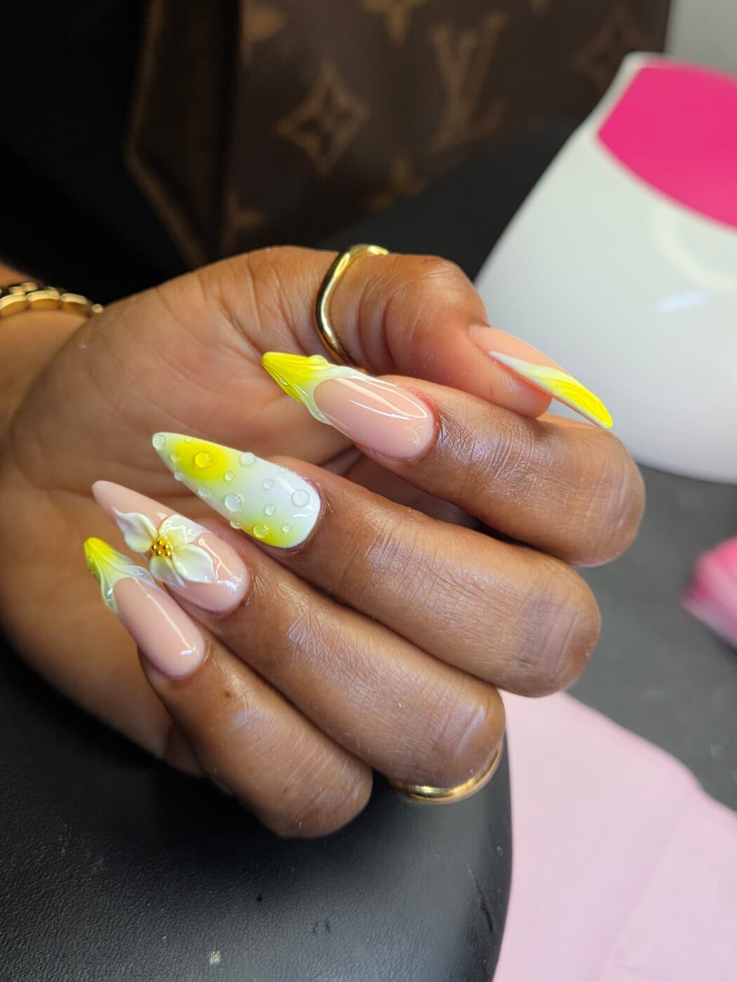 Builder gel nails with yellow floral art