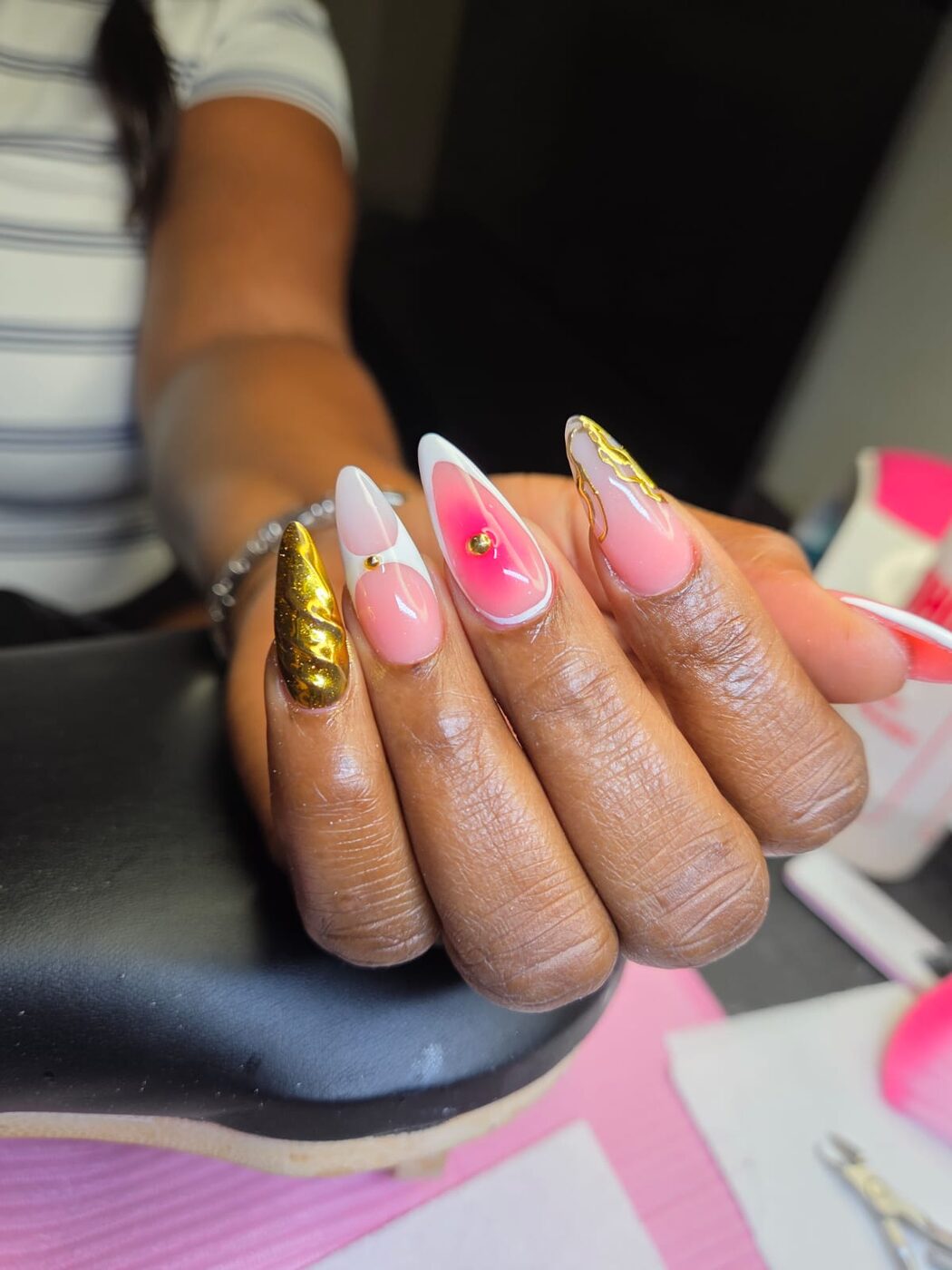 Long acrylic full set with gold and pink nail art