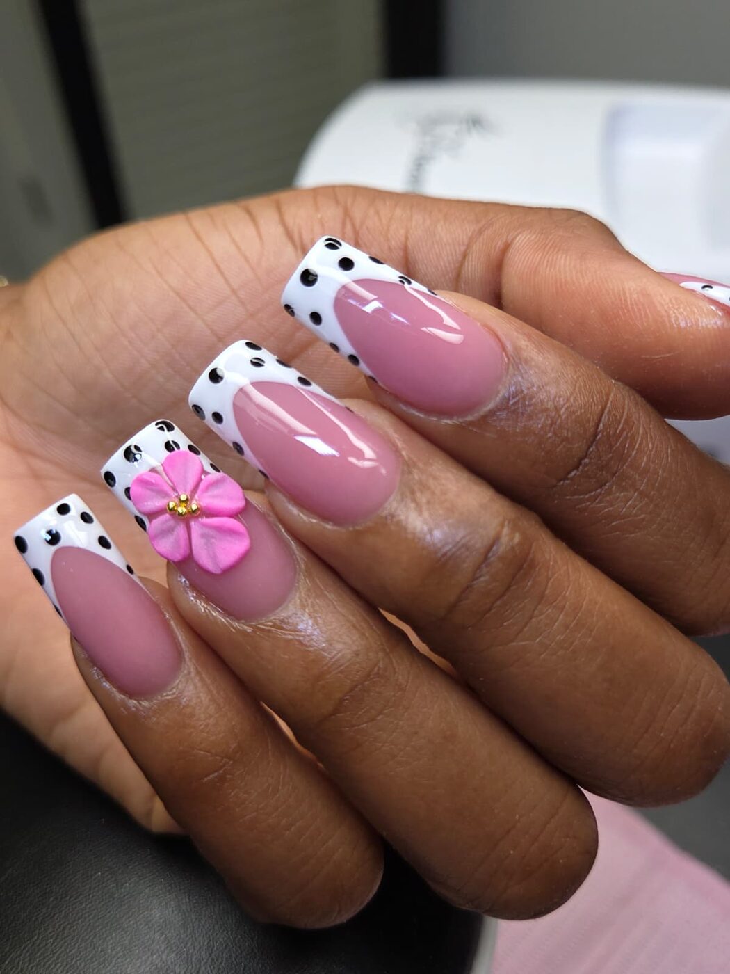 Refill builder gel on red almond-shaped nails